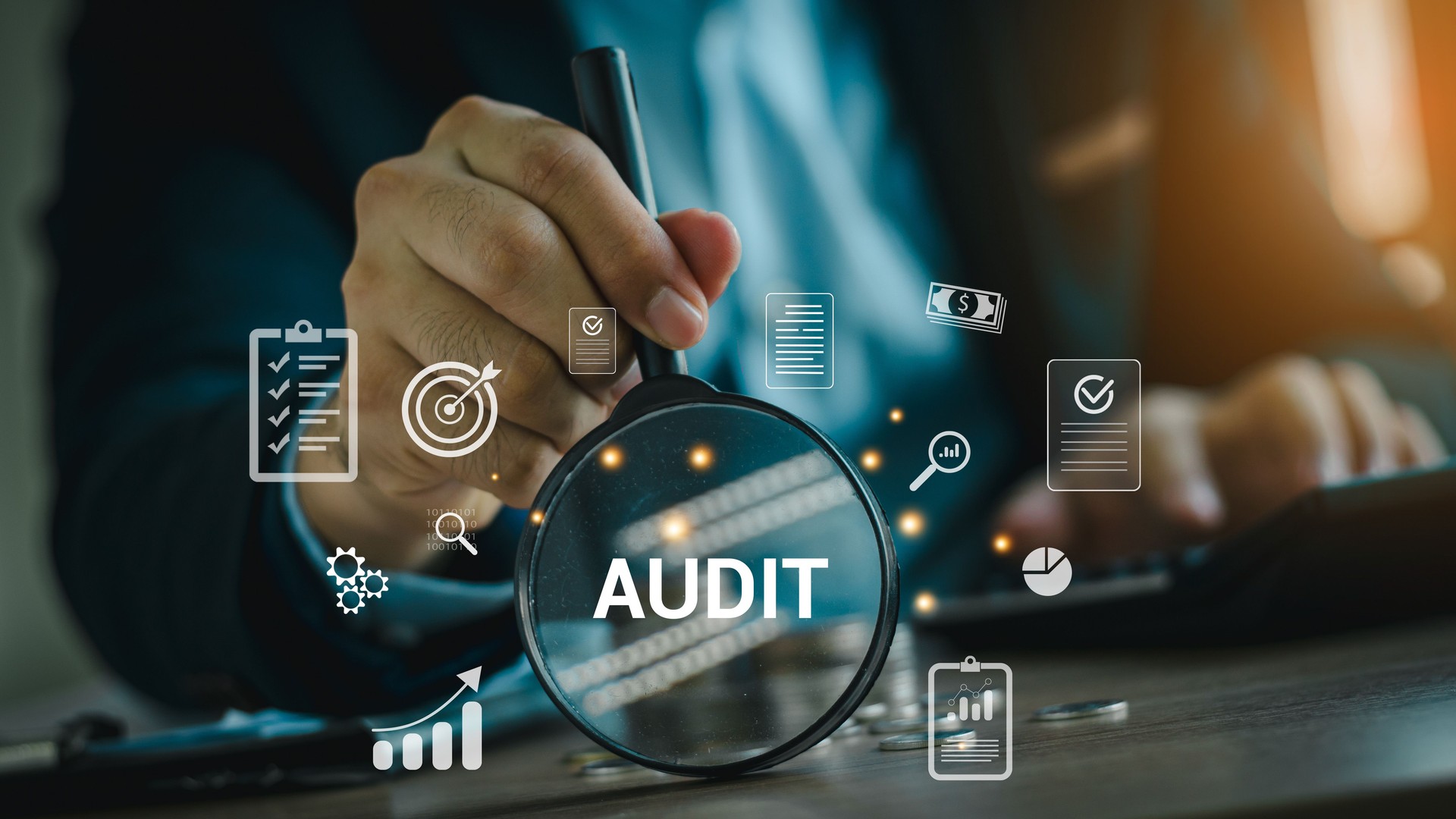 Audit business concept. Businessmen Using Magnifying Glass to check and evaluate financial statements. Auditing financial accounts within the organization. Audit And Fraud Investigation.